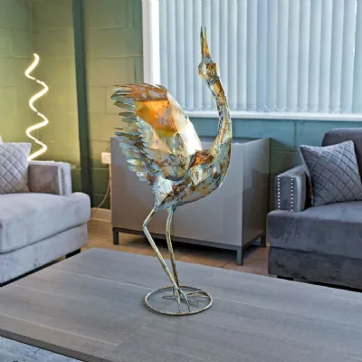 Rustic Gold Metal Crane Sculpture Circular Base