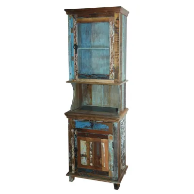 Vintage Reclaimed Wood Display Unit with Glass Door Cabinet and Cupboard