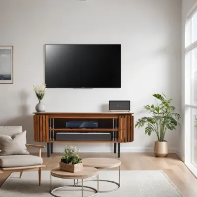 Dark Mango Wood Slatted Design TV Media Cabinet Metal Legs
