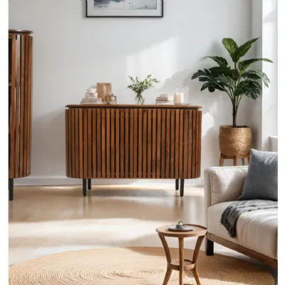 Walnut Mango Wood Lacquered Slatted 2 Door Sideboard