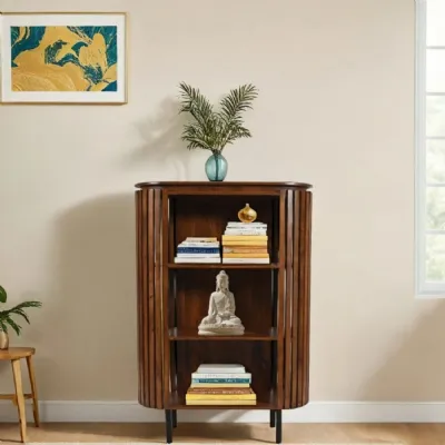 Dark Mango Wood Slatted Open Small Bookcase Metal Legs
