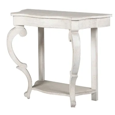 White Solid Wood Washed Side Console Table With Carved Table Legs