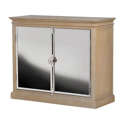 Modern Oak Polished Chrome And Wood Mirrored 2 Door Cabinet