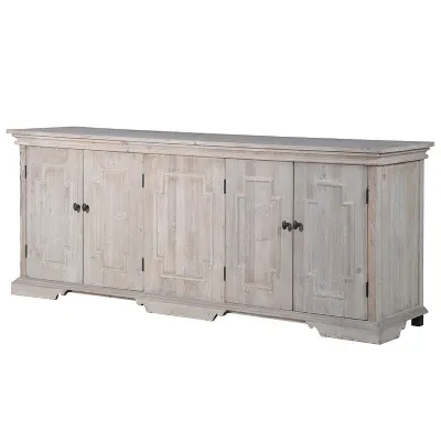 Vintage Large Wide Rectangular Weathered Wood 4 Door Brushed White Sideboard Storage Cupboard 84x207x50cm