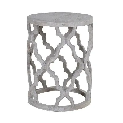 Round Grey Washed Fretwork Side End Table