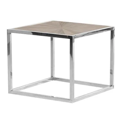 Modern Parquet Top Open Square Steel Frame Side End Table