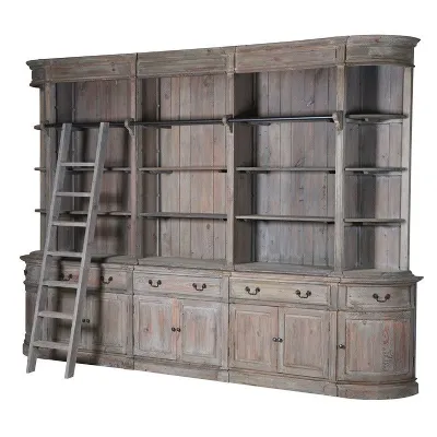 Large Rustic Pine 8 Door 5 Drawer Bookcase With Ladder and Cupboard