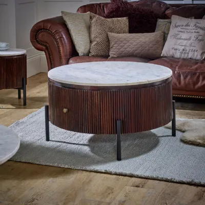 White Marble Top Fluted Wood Round Coffee Table with Drawer