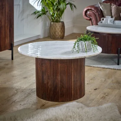 White Marble Top Round Coffee Table Dark Wood Fluted Base