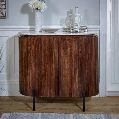 White Marble and Wood 4 Door Fluted Drinks Cabinet Sideboard