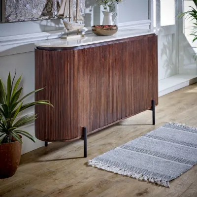 White Marble Top Mango Wood 4 Door Wide Sideboard Metal Legs