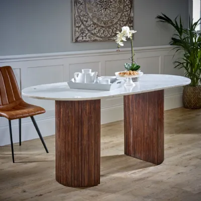 White Marble Top 170cm Large Dining Table Wooden Fluted Legs