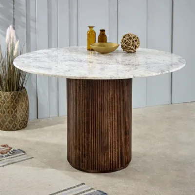 White Marble Top 120cm Round Dining Table Fluted Wooden Base