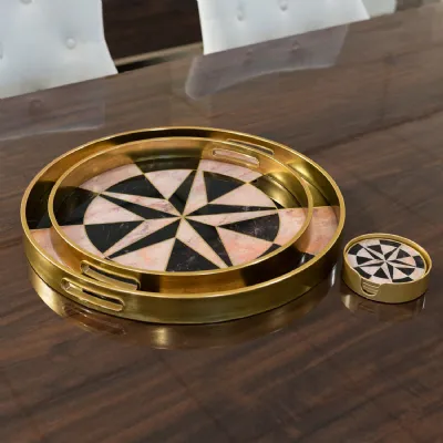 Gold Glass Compass Design Round Set of 2 Serving Tray