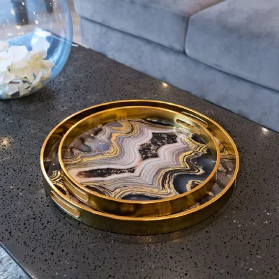 Gold Glass Oyster Design Round Set of 2 Serving Tray