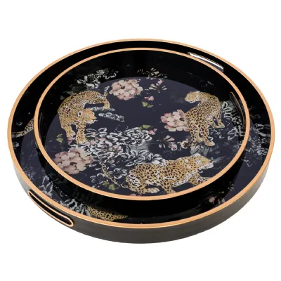 Black Glass Leopard Design Round Set of 2 Serving Tray