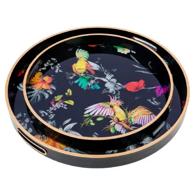 Black Glass Parrot Design Round Set of 2 Serving Tray