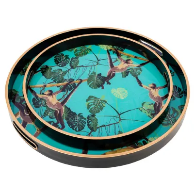 Black Glass Monkey Design Round Set of 2 Serving Tray