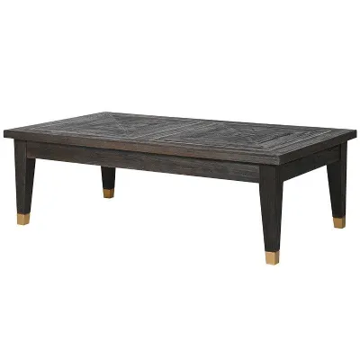 Rectangular Brushed Elm and Copper Inlays Coffee Table With Leg Caps