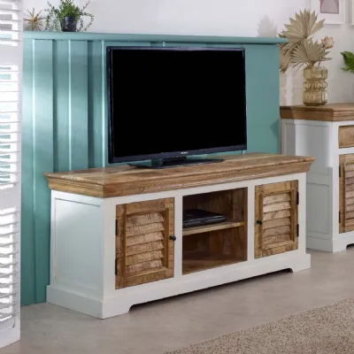 White and Natural Mango Wood 2 Door Large TV Media Cabinet