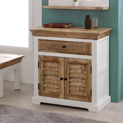 White and Natural Wood 2 Door 1 Drawer Small Sideboard