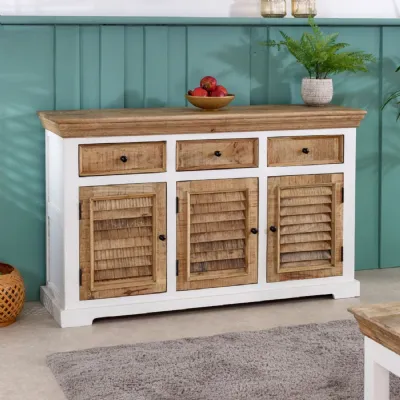 Whiteish and Natural Wood 3 Door 3 Drawer Large Sideboard