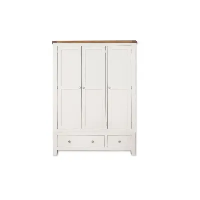 Modern White Painted 3 Door Wardrobe with 2 Drawers and Solid Oak Top