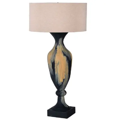 Black And Orange Textural Lamp With Linen Shade