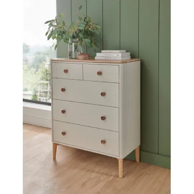 Taupe Wooden Chest 5 Drawers Oak Top and Legs