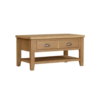 Natural Oak Small Coffee Table with Drawers and Shelf