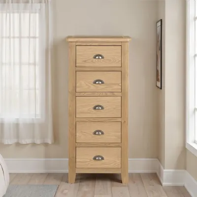 Natural Oak Narrow Chest of 5 Drawers Tallboy