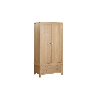Natural Oak 2 Door 1 Drawer Tall Double Wardrobe Cup Handles