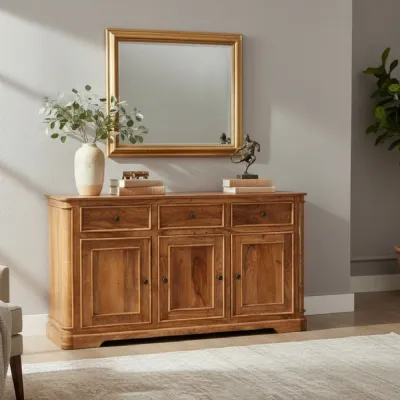 Traditional Brown Mango Wood 3 Door Sideboard with Rounded Edge