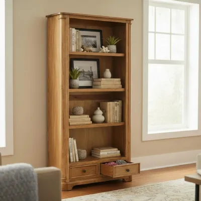 Traditional Solid Mango Wood Large Bookcase with 2 Storage Drawers