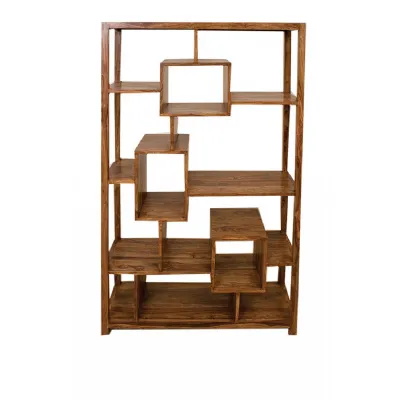 Modern Solid Sheesham Wood Geometric Bookcase with Dark Wood Finish