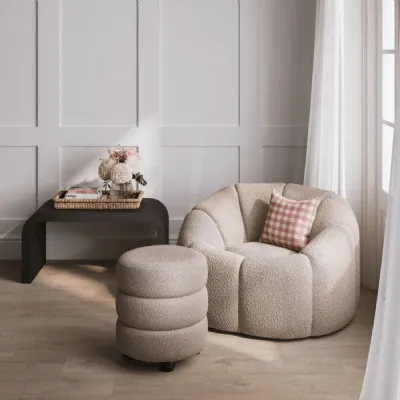 Retro Curved Buff Boucle Upholstered Swivel Accent Chair