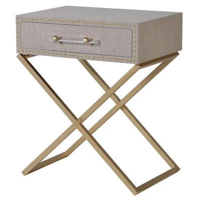 Gold Cross Leg Studded Cream Linen Fabric Bedside Lamp Table 1 Drawer