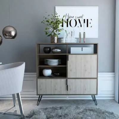 Modern Wide Rectangular Smoked Oak Effect 4 Shelves High Sideboard Black Hairpin Legs