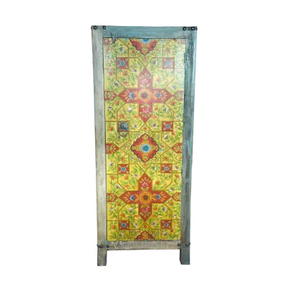 Hand Painted Tall Wooden Storage Cabinet with Internal Shelves