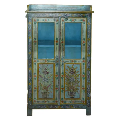Blue Hand Painted Floral Two Door Wooden Cabinet with Shelves