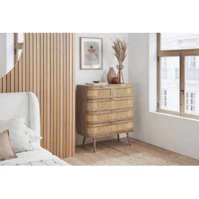 Oak Effect Wood 2 Over 3 Chest of Drawers Rattan Front