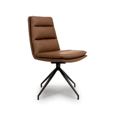 Tan Brown Leather Swivel Dining Chair Black Metal Legs