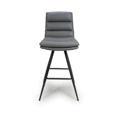 Grey Leather Swivel Counter Bar Stool Chair Black Metal Legs