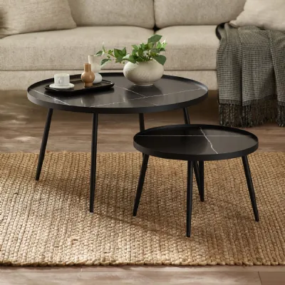 Nolan Black Marble Effect 78cm Round Nesting Coffee Tables