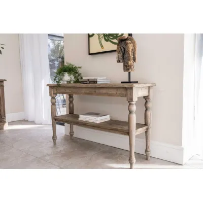Natural Reclaimed Wood Rustic Console Table with Turned Legs and Lower Shelf