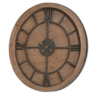 Large Vintage Style Wood and Metal Round Roman Numeral Wall Clock