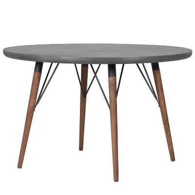 Modern Large Round Grey Dining Table With Wooden Legs Metal Frame