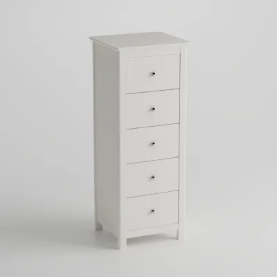 White Wood Tall Narrow Chest of 5 Drawers