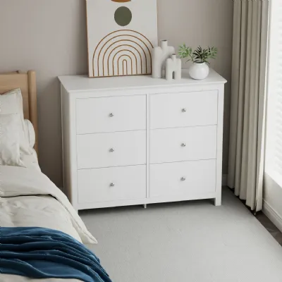 White Wood Wide Chest of 6 Drawers Metal Handles