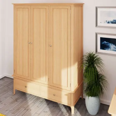 Light Oak 3 Door Triple Wide Wardrobe Scandi Style 2 Drawers